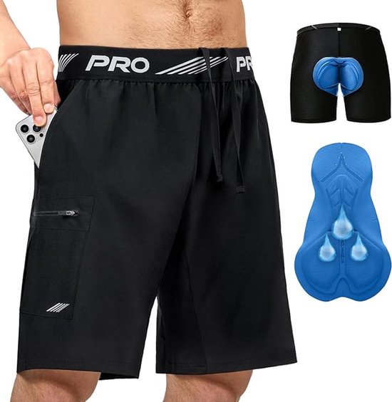 Sous-vêtement de VTT pour homme - Sous-vêtement de cyclisme avec chamois et coussinet en gel 4D - Short de sport VTT antichoc - Maille respirante - Noir/Bleu XXL - 4 poches - Séchage rapide