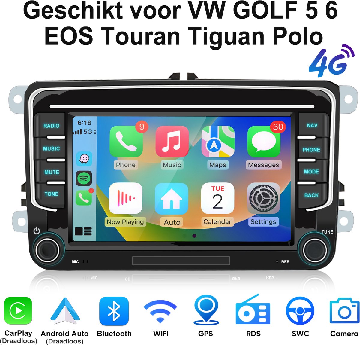 Junsun autoradio Geschikt voor VW GOLF 5 6 Touran Tiguan Passat Skoda Seat draadloos CarPlay Android Auto Auto Intelligent Systeem Auto Multimedia speler 2din - GPS Navi & SWC & Bluetooth & Wifi & 4G LTE & KAM- 6+128 GB