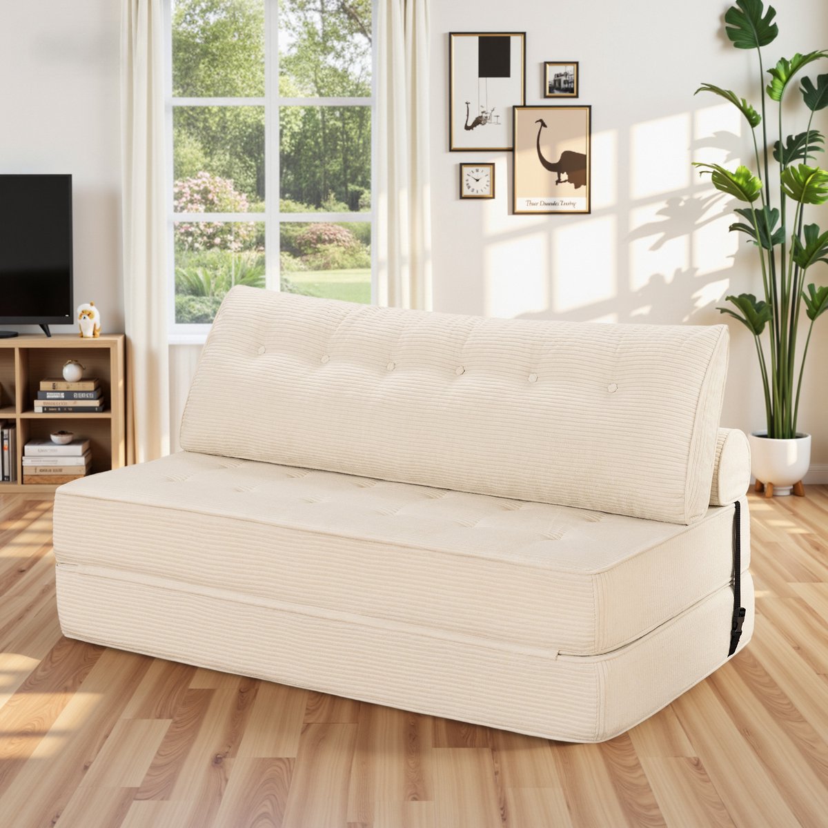 HOMMPA Opvouwbare Slaapbank 3-in-1 – Verstelbare Sofa, Slaapstoel en Bed met Kussen – Comfortabele Bodemsofa / Lounge Stoel voor Slaapkamer en Woonkamer – Wit, 150 cm