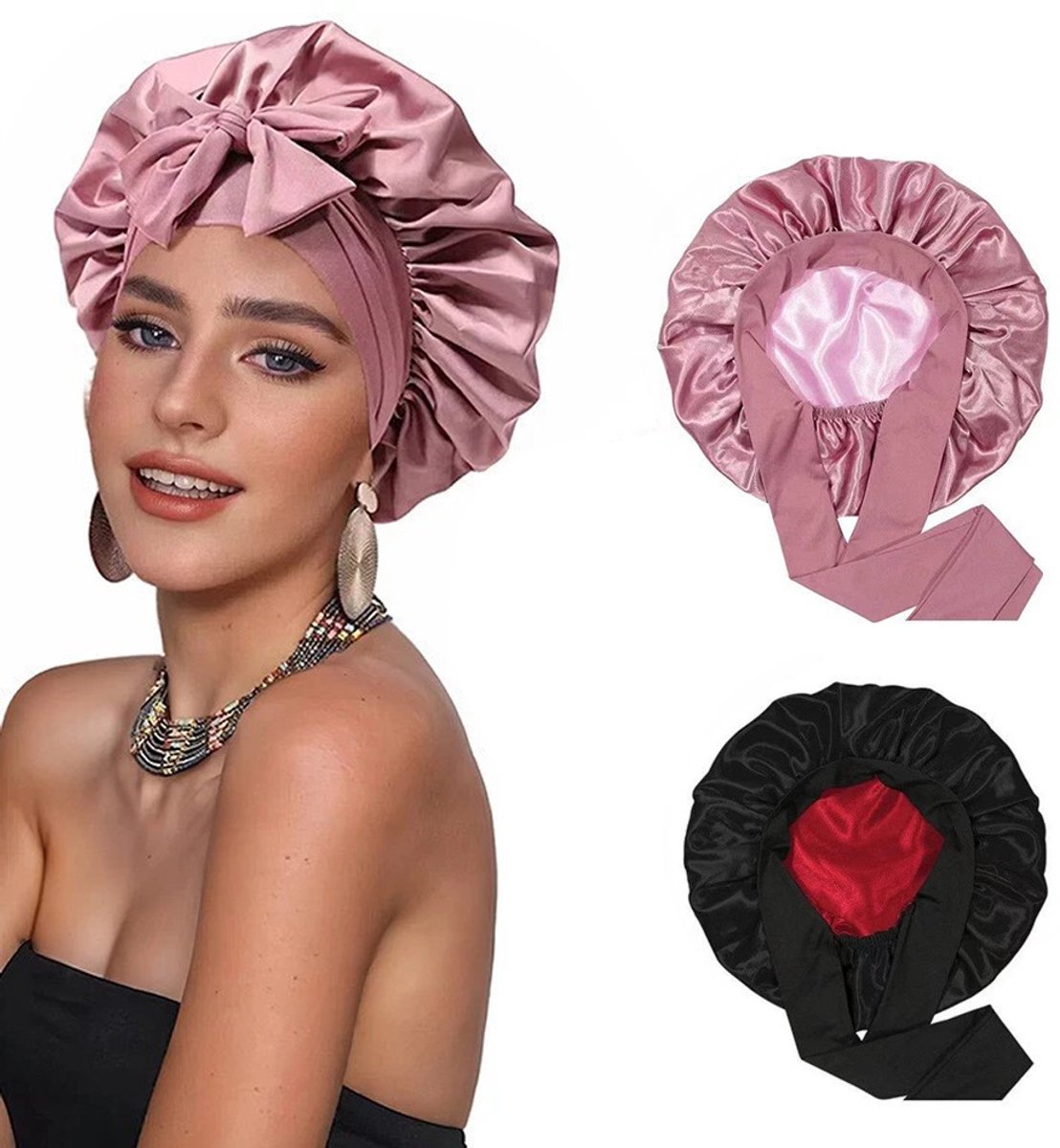 2 Stuks Satijnen bonnet - Dubbelzijdig draagbaar- zacht zijde - hairwrap om mee te slapen - slaapmuts met elastische band- haarbonnet voor bad- haarverzorging- hoofdbedekking - voor vrouwen meisjes