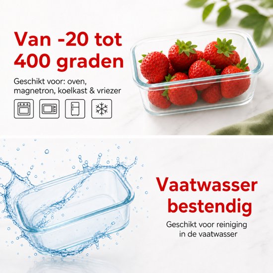 Boîtes de préparation de repas Organess - Boîtes de conservation - Boîtes de congélation - 10 pièces - 5x1040ML & 5x 370ML - Sans BPA - Glas - Couvercle sans BPA