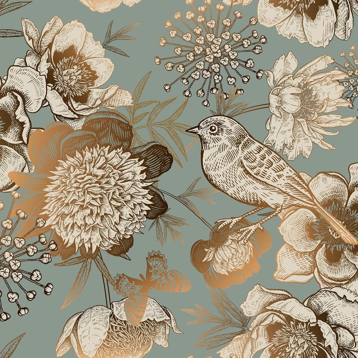 Zelfklevend Behang 44.5 cm × 12 m Groen Goud Vintage Patroon met Bloemen en Vogels voor Woonkamer en Badkamer, Waterdicht en Decoratief Behang voor Meubels