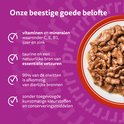 Lijst met voordelen van Whiskas kattenvoer: vitamines, taurine, dierlijke eiwitten, zonder kleurstoffen.
