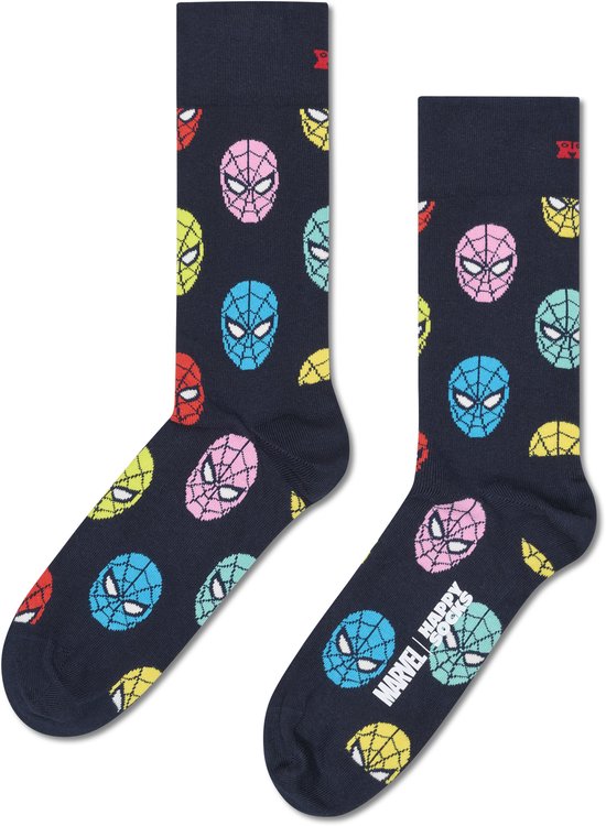 Donkerblauwe sokken met een patroon van veelkleurige Spiderman gezichten en het Happy Socks logo.