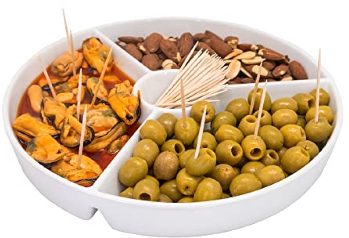 Rond Porseleinen Snackbord met 3 Vakken en Sauskom - 25,5 cm