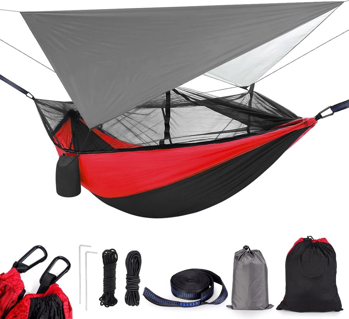 Camping Hangmat - Dubbele Hangmat - Outdoor Ontspanning - Waterdicht en Regendicht - 2 persoons - Zwart Rood