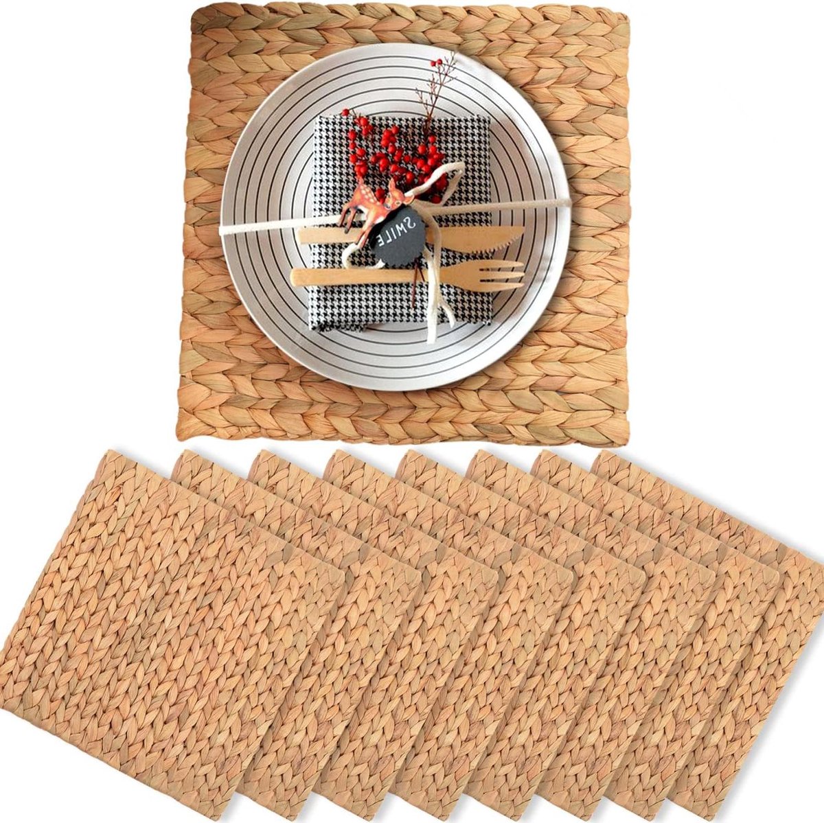 Placemats Set - Tafelonderzetters Rotan - Tafel Beschermen - Handgeweven Waterhyacint - 30 cm Set van 8 - Natuurlijk