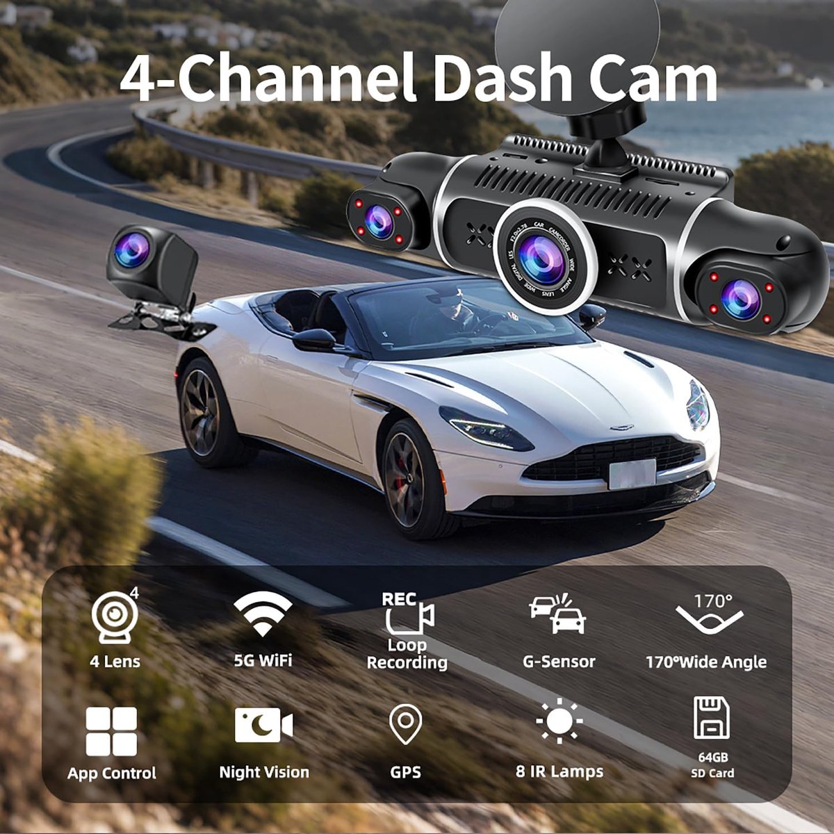 Dashcam - Dashcam voor auto - Dashcam voor auto voor en achter - 360° - 8 IR-lampen Nachtzicht - WiFi, GPS, G-sensor - 24/7 Parkeermodus – foto 2