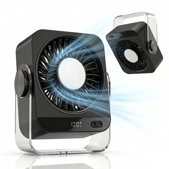 USB Draadloze Tafelventilator – Oplaadbaar, Stil (36 dB), 5 Snelheden, Koelventilator met IJskoeler, Zwart, Compact
