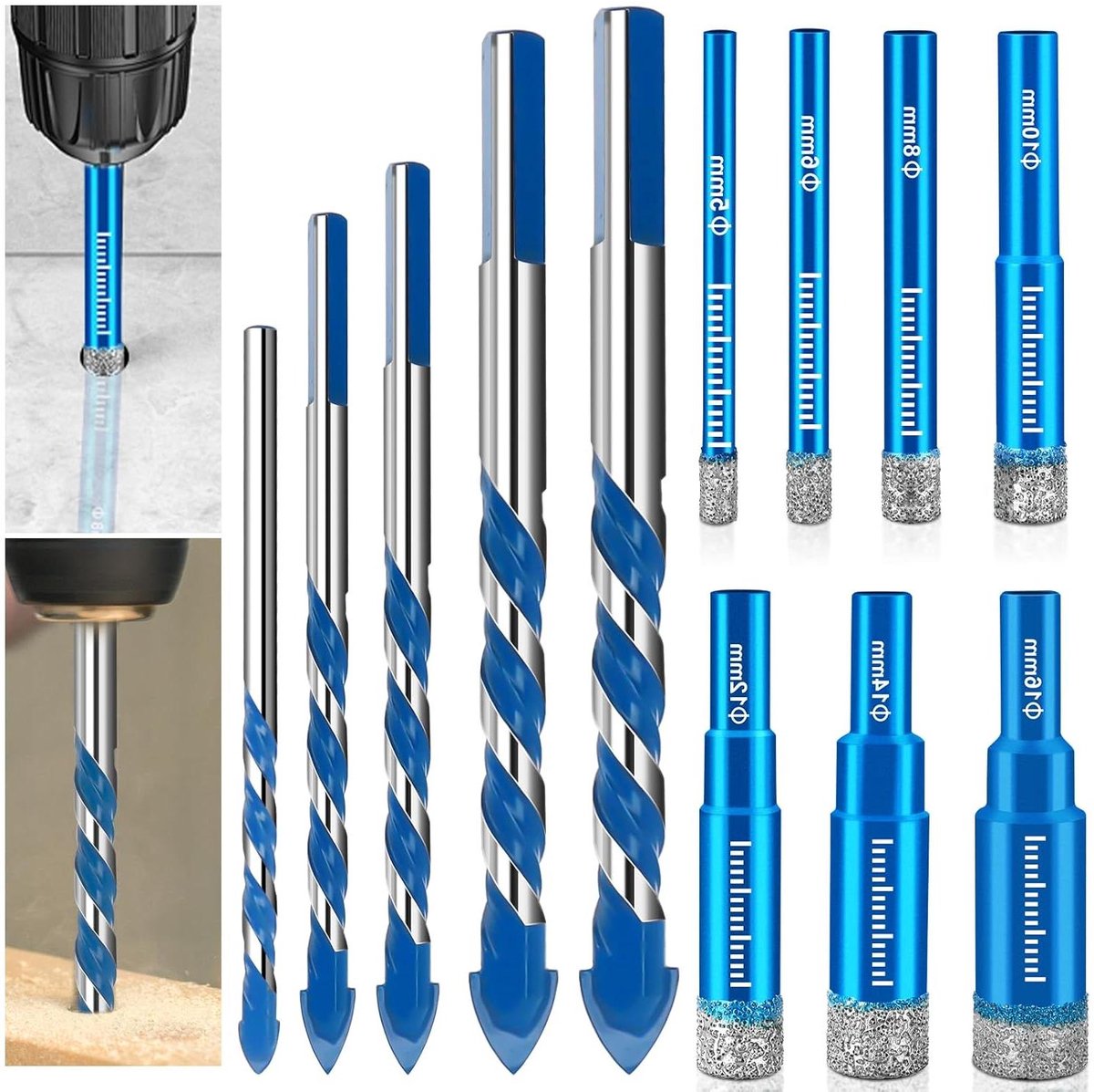 Boorset Steen en Tegel - Metaalboor Glasboor - Materiaal Boren - Diamant en Carbide - 12 Stuks - Zilverkleurig