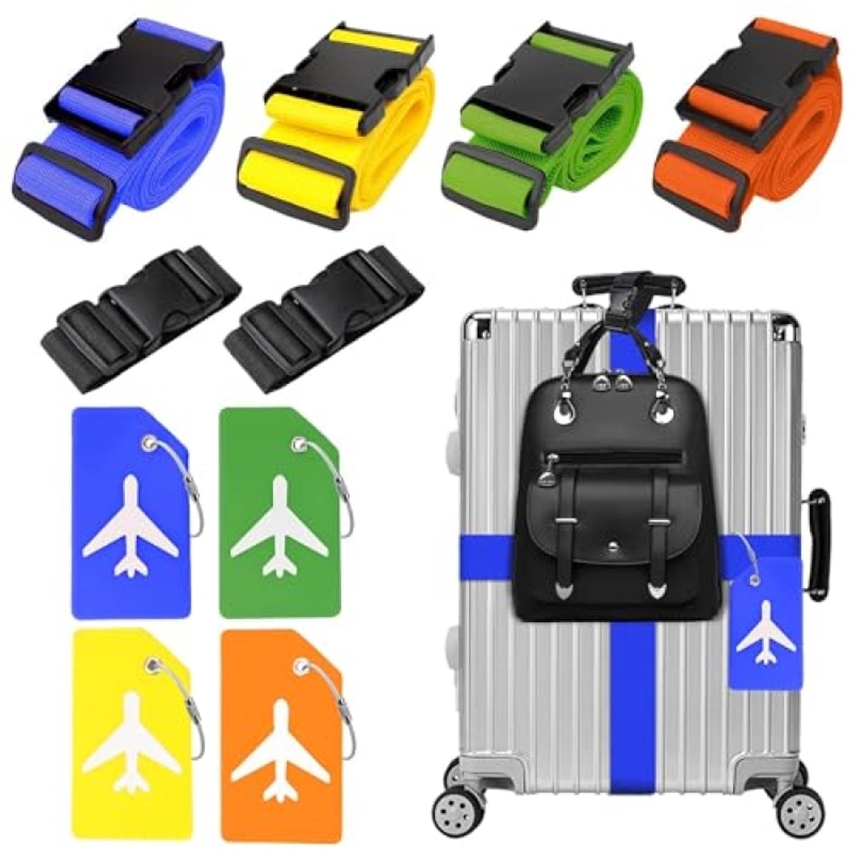 4 stuks kofferriemen + 4 kofferlabels + 2 extra bagageriemen - verstelbare bagagebanden - opvallende kofferbanden - oranje/gemengde kleuren