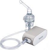 Beurer inhalator met een effen lichtgrijze compressor en een doorzichtige nebulisator.
