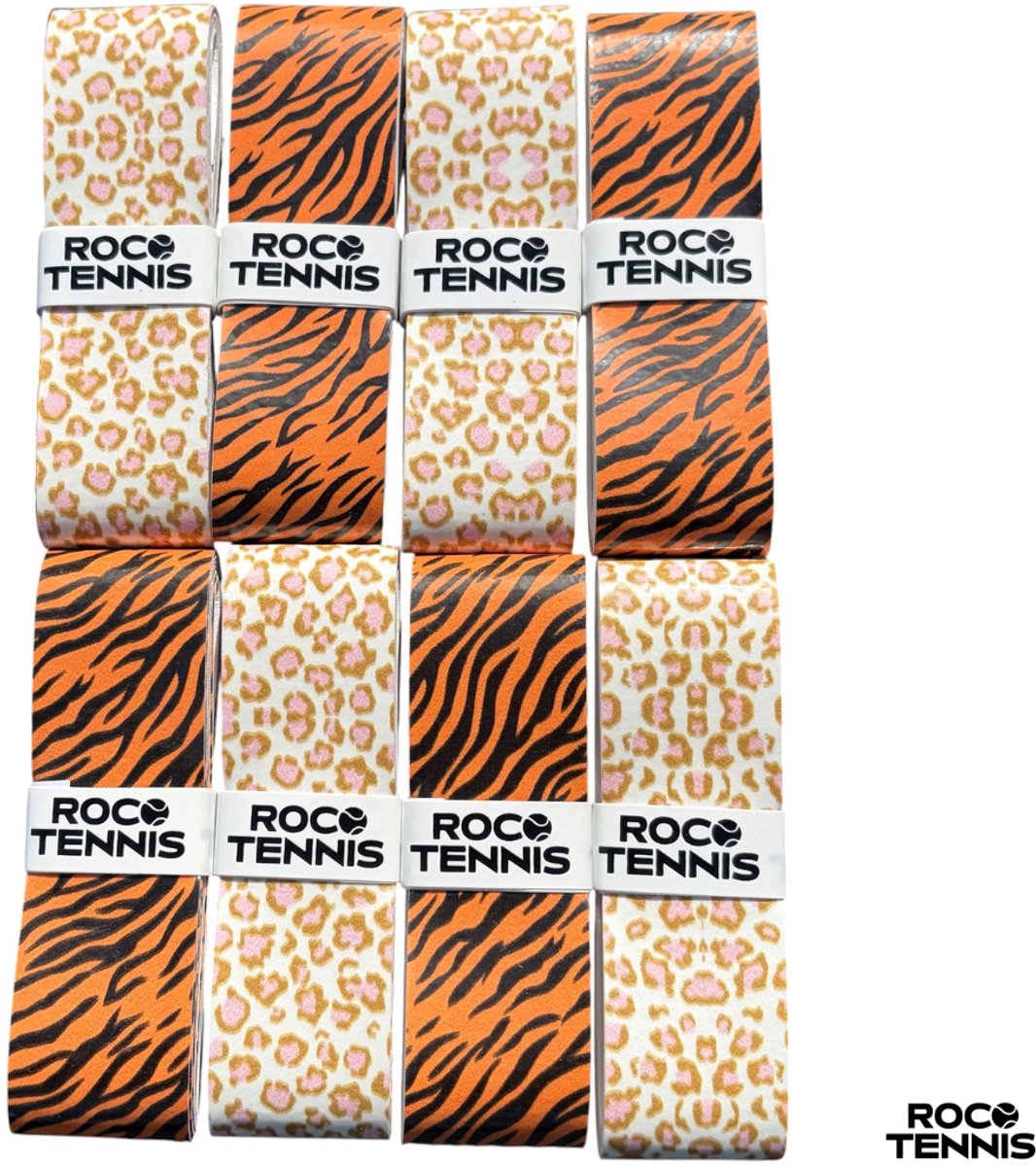 8 stuks | Roco Tennis Overgrips | Antislip | Dry | Zweetabsorberend | Uniek Patroon | Tennis | Padel | Badminton | Squash | Overgrip | Tennisgrips | Soft | Zacht | Panterprint | Tijgerprint