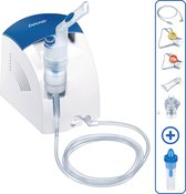 Witte Beurer vernevelaar met blauwe accenten, mondstuk, slang en verschillende accessoires.