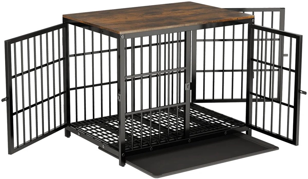 Pelor Hondenkrat Meubel - Hondenbench met 3 Deuren en Lade - Houten Bench Wit Houtlook - Bijzettafel Kennel Binnen Hond - Maat M