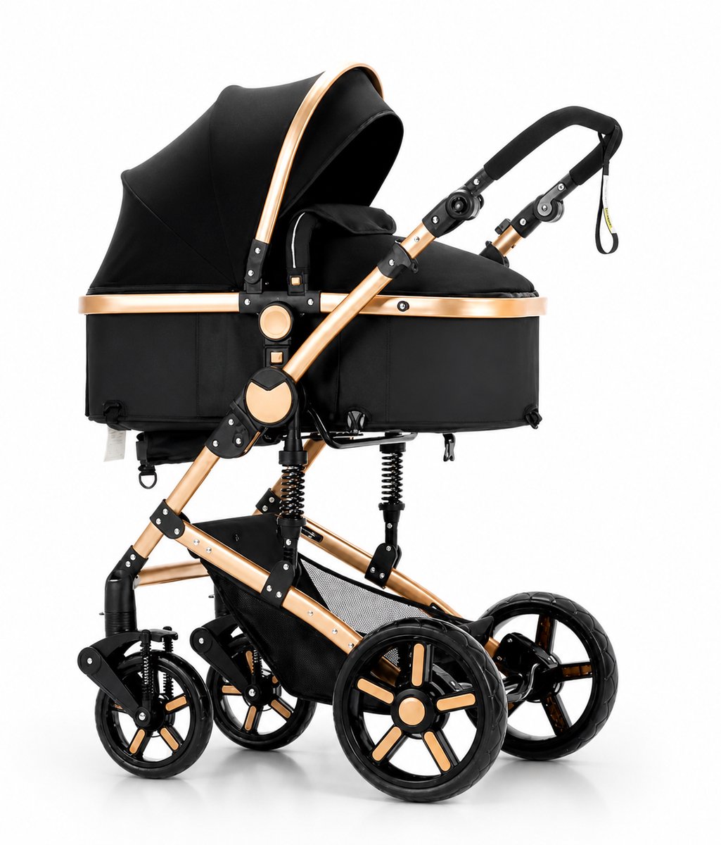 LUMÈ STORE Kinderwagen 3 in 1 - Maxi cosi - Buggy - Autostoel - Opklapbaar - Duurzame frame - Afneembare hoes - Zwartgoud