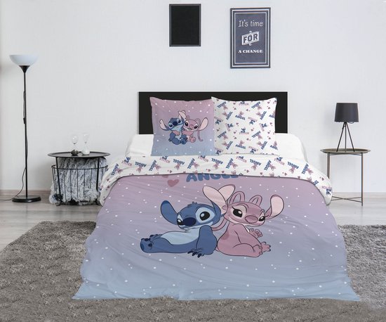 Parure de lit Stitch & Angel Disney 200x200 cm + 2 Taies d'oreiller 65x65 cm Mélange de coton Réversible