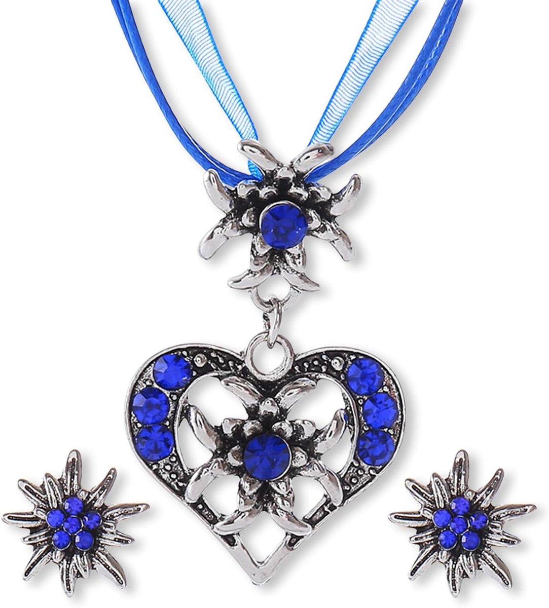 Oktoberfest accessoires voor vrouwen - Dirndl, blauwe ketting, edelweiss sieraden set, Wiesn kostuum, kostuum halsketting en oorbellen voor een feestelijke uitstraling