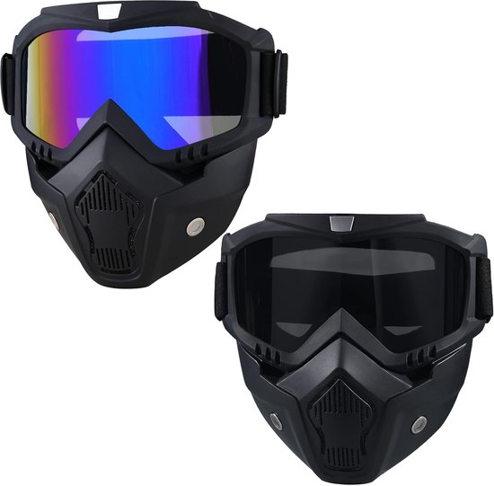 2 stuks Motorcycle Helmet Riding Goggles Glasses with Removable Face Mask,Paintball Mask Anti Fog,Tactical Full Face Mask Ski Mask Goggles Detachable Adjustable