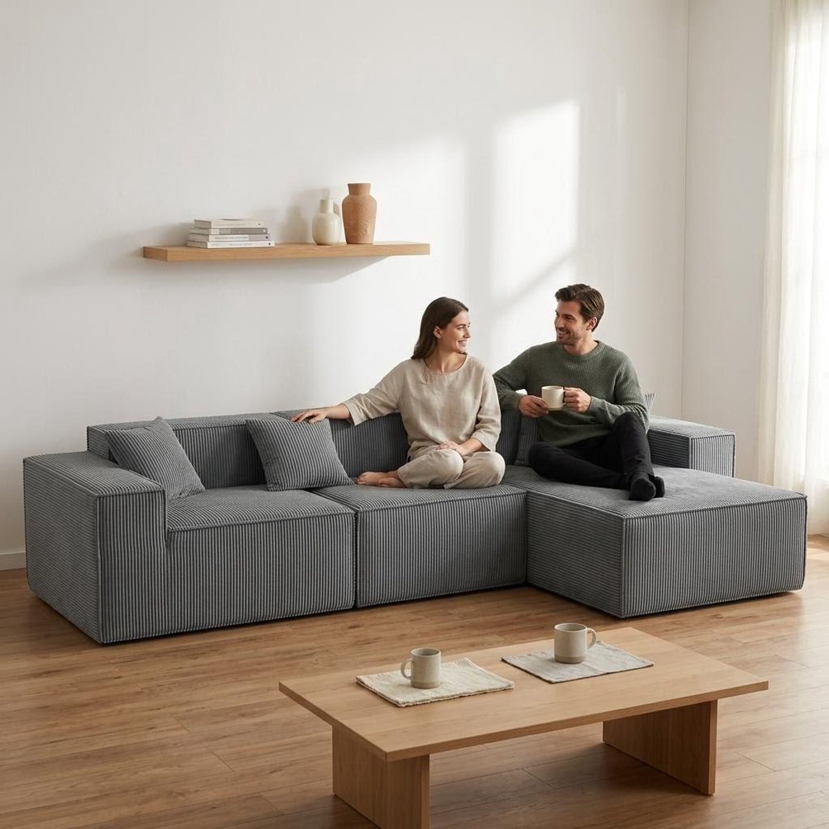 MODFU - Modulaire Hoekbank - 3-Zits - Diepe Zitting - Montagevrij - Modern - Ribstof - Grijs