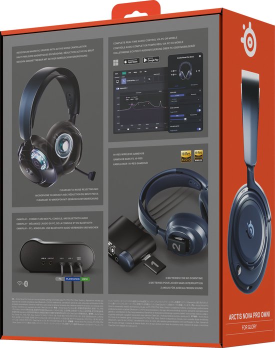 Doos van de Arctis Nova Pro Omni headset in het donkerblauw.