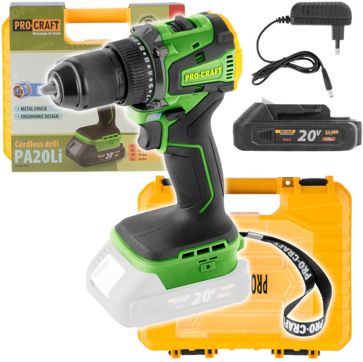 Procraft PA20Li accuboormachine 20 V 50 Nm borstelloos + 1x accu 2,0 Ah + oplader + koffer