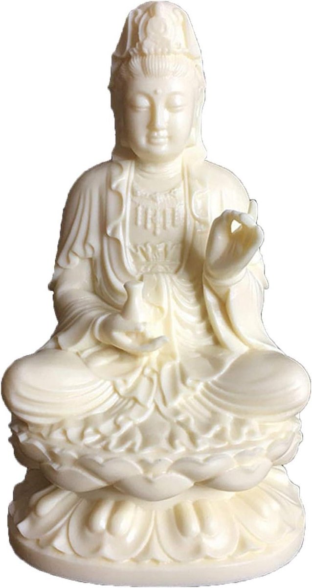 Boeddha Standbeeld - Guanyin beeld Lotus beeld - Woondecoratie - Barmhartigheid en Rust - 13x7.5x6.5 cm - Wit
