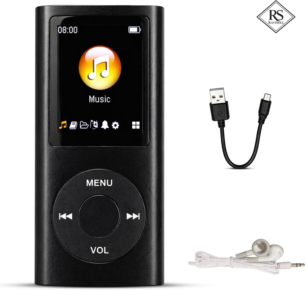 RaviSoll MP3/MP4 Speler Bluetooth – 32GB Opslag – 16 Uur Batterijduur – Lichtgewicht (90g) – FM Radio & Voicerecorder – E-book Functie – Inclusief SD-kaart