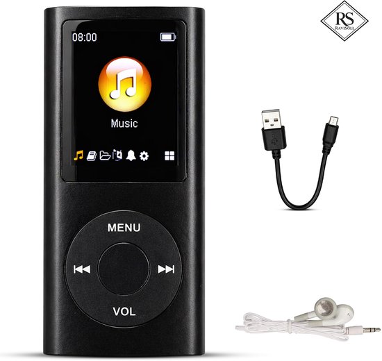Zwarte MP3-speler met 1,8-inch scherm waarop 'Music' staat. Een USB-kabel met twee uiteinden en witte oordopjes met kabel liggen ernaast.