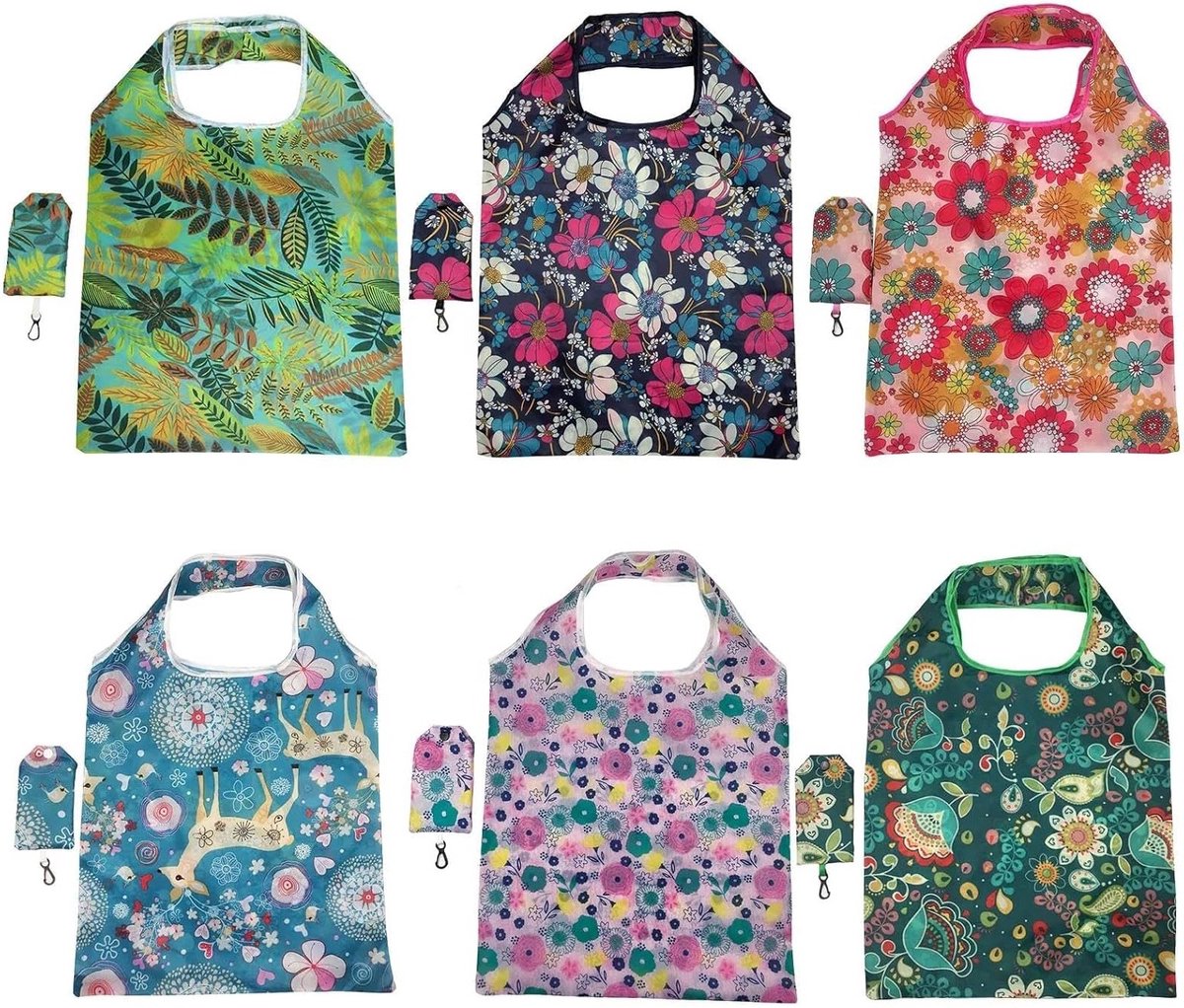 Set van 6 opvouwbare en milieuvriendelijke boodschappentassen voor dagelijks gebruik, reizen en winkelen met een Hawaiiaans design