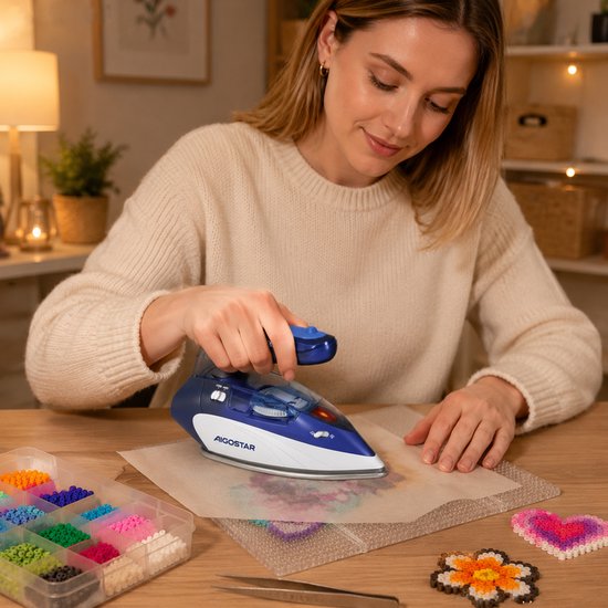 Vrouw met gebreide trui gebruikt blauw en wit Aigostar strijkijzer op kralen kunstwerk.