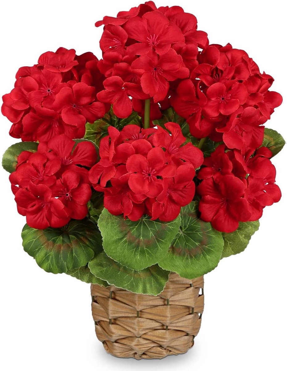 Faux Rode Geraniums in Rustieke Mand - Realistische Zijde Bloemen voor Binnenhuisdecoratie, Perfect voor Woonkamer en Tafelopstelling