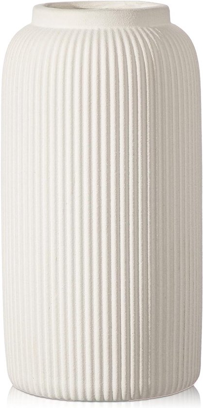 Elegante 24 cm hoge keramische vaas in crème voor bloemen, moderne ronde ribbelvaas voor woonkamer, badkamer en slaapkamer, boho stijl decoratie