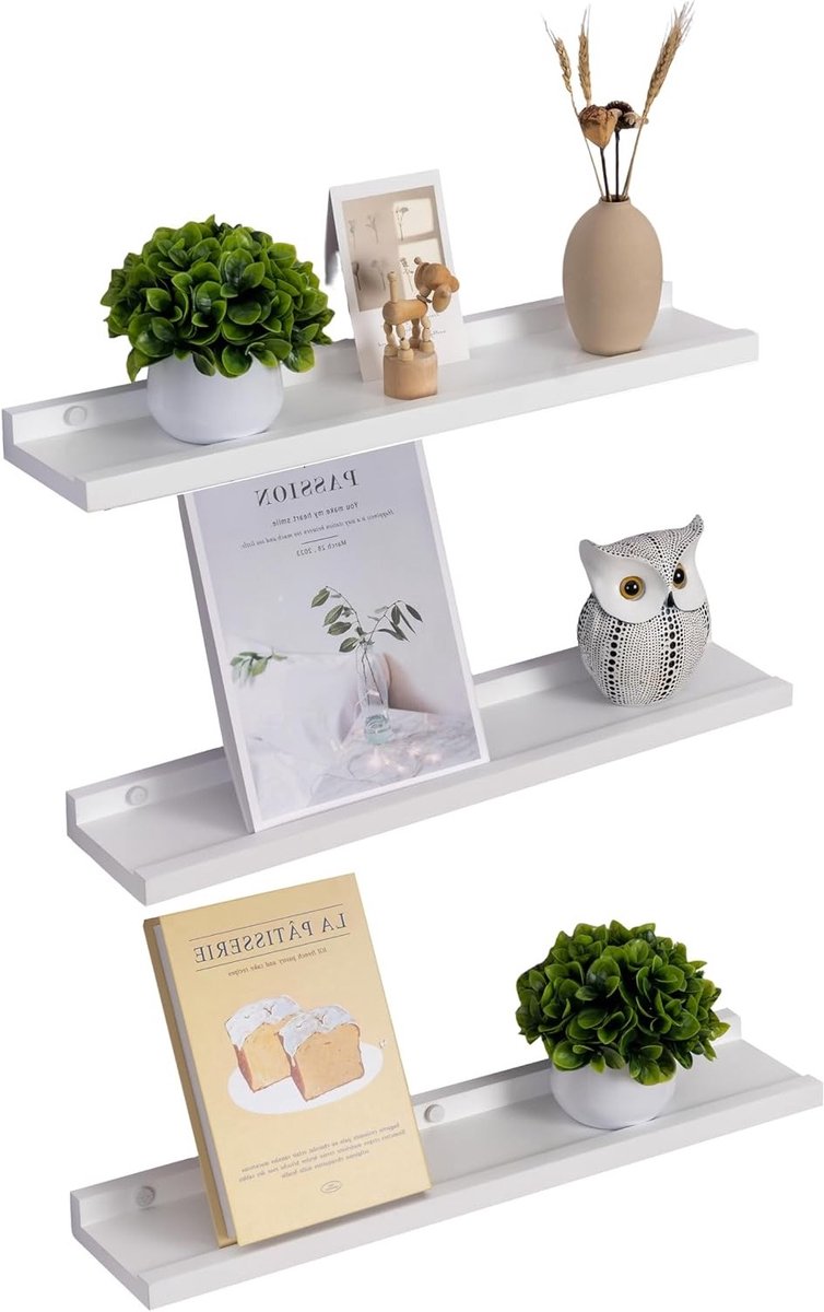 Set van 3 Witte Drijvende Planken van Massief Vurenhout, 60 cm Boogvormige Wandplanken voor Woonkamer, Keuken en Slaapkamer