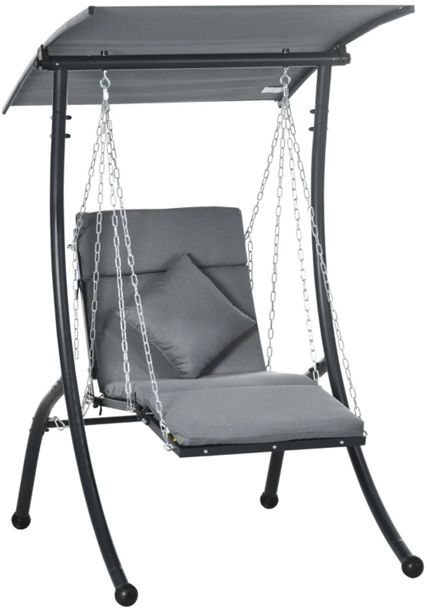 Hangende Ligstoel - Hangstoel met Standaard, Kantelbare Luifel & Kussen - Egg Chair - Stalen Frame - Hangschommel - Schommelstoel - Tuinstoel - tot 120 kg - voor Tuin, Terras, Balkon - Donkergrijs