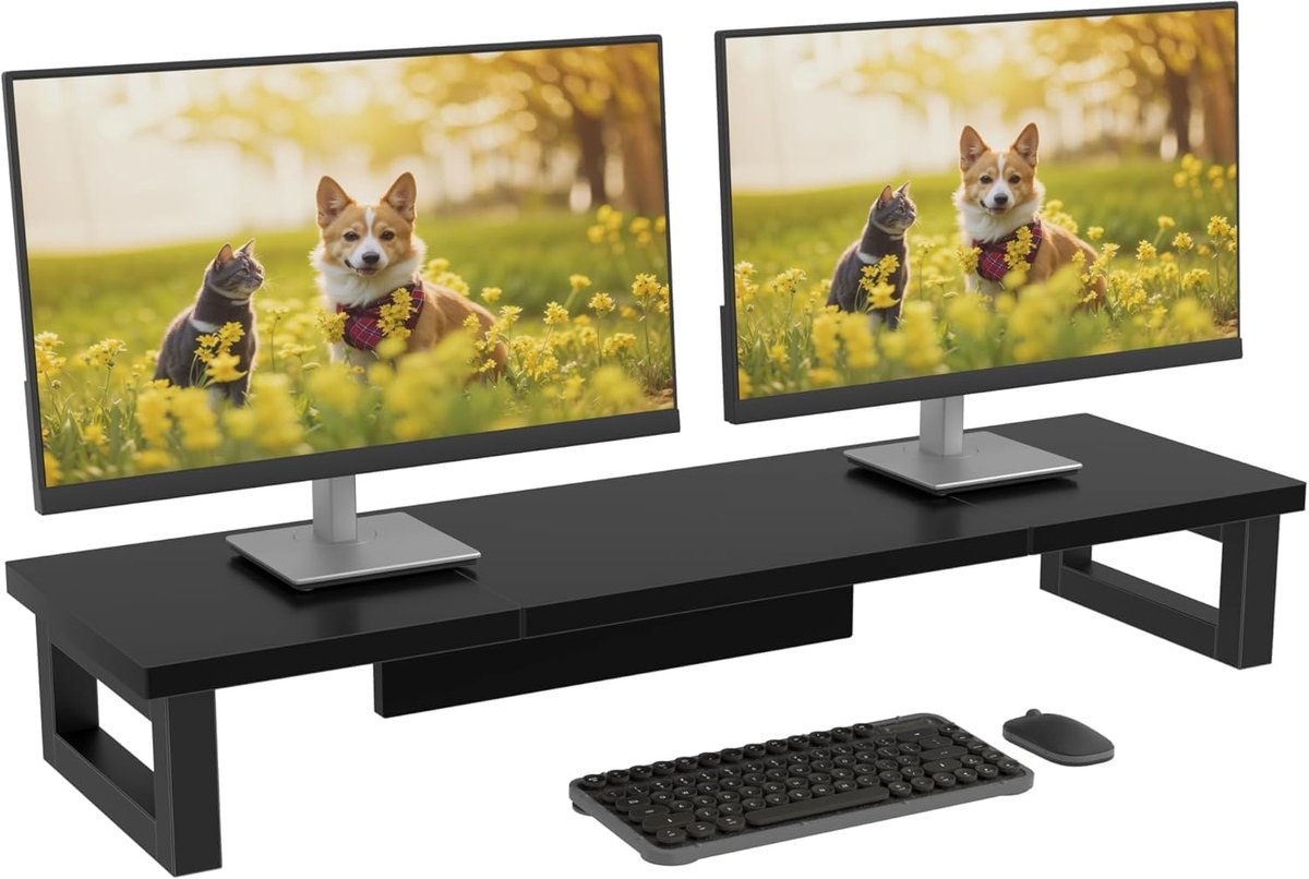 Dubbele Monitorstandaard 91x26cm met Bureau Organizer voor Laptop, PC Schermen en Gaming Setup Zwart