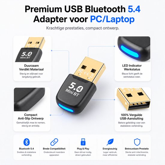 Zwarte Mini BT 5.4 USB-adapter met gouden connector en blauwe LED.
