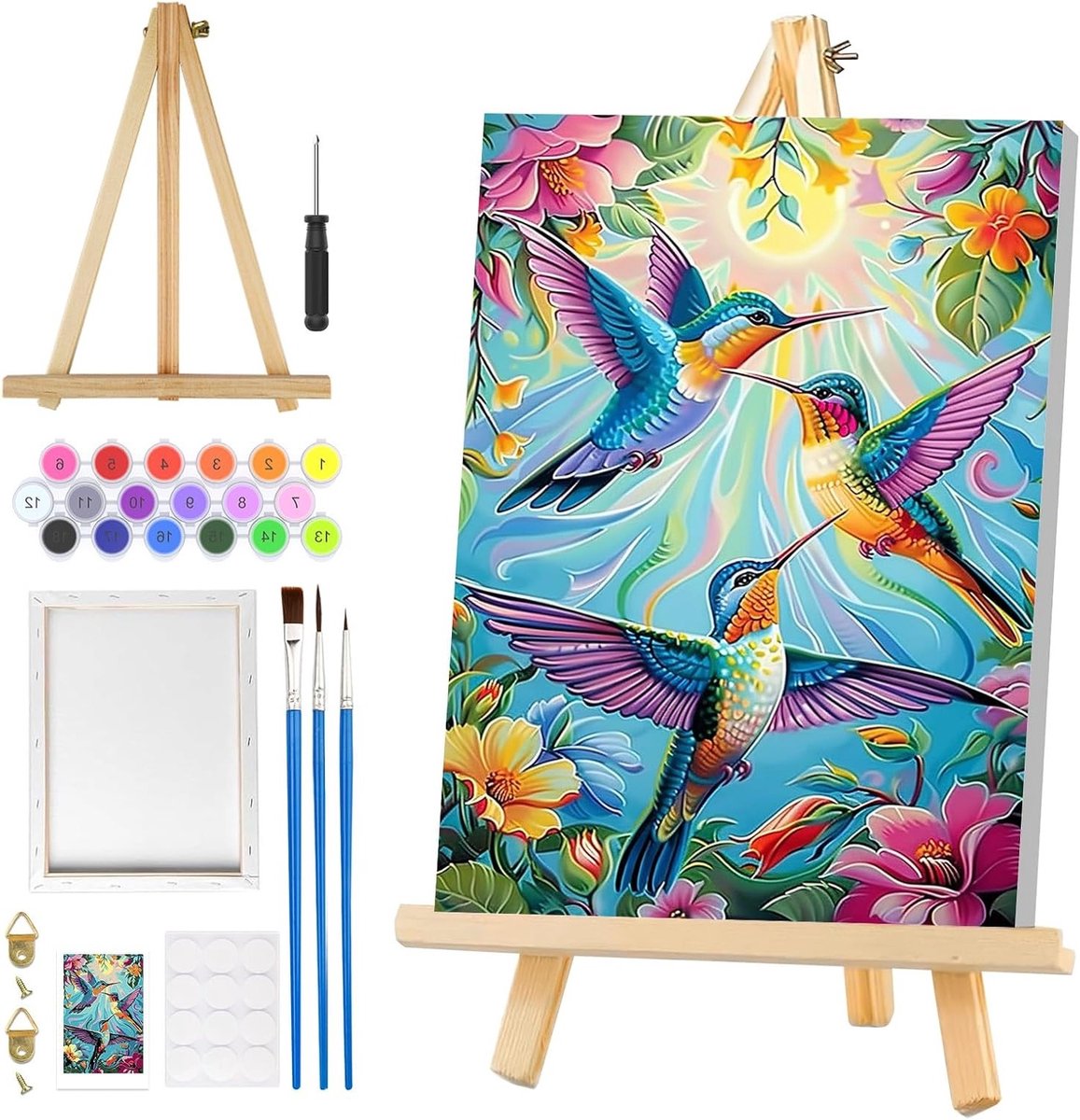 Ingelijste verf op nummer voor volwassenen - Kolibrie en bloemenlandschap schilderen op canvas, DIY acryl olieverfschilderij kits voor kunstliefhebbers