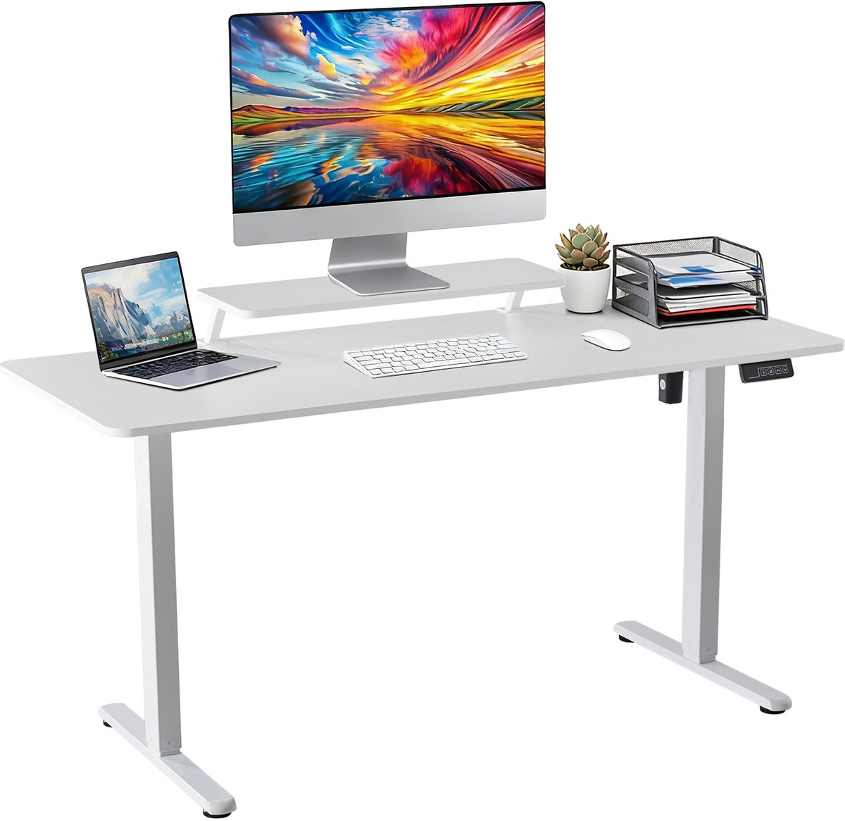 Elektrisch Verstelbaar Bureau 140×60 cm – Hoogte Verstelbaar 73-118 cm – Sta Zit Bureau Met Vaste Monitor Verhoger – Belastbaar 80 kg
