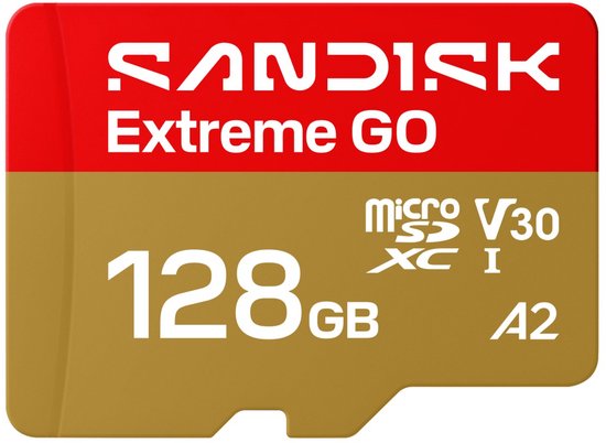 SanDisk Extreme GO microSDXC 128GB geheugenkaart met rode en gouden voorkant.