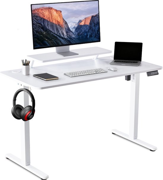 Elektrisch Verstelbaar Bureau 120×60 cm – Hoogte Verstelbaar 73-118 cm – Sta Zit Bureau Met Vaste Monitor Verhoger – Belastbaar 80 kg