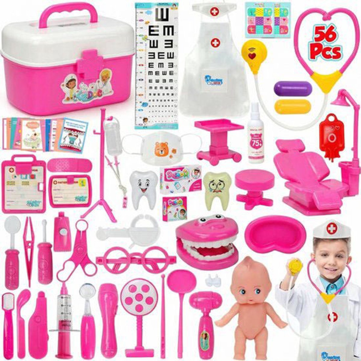 Doktersset Kind - 70-delige Dokterskoffer met Doktersjas & Stethoscoop - Tandarts & Dierenarts Speelgoed - Educatief Rollenspel - Cadeau voor Jongens & Meisjes 3-7 Jaar