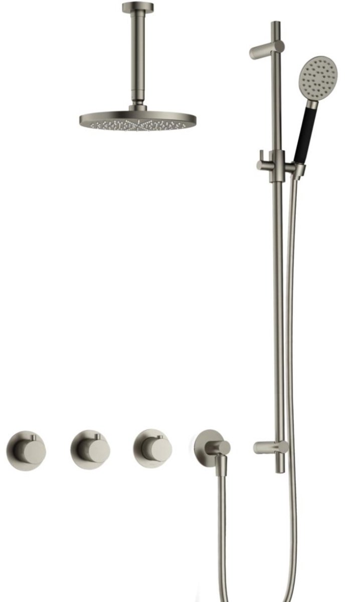 Hotbath Cobber - CB7067 - Inbouw Regendoucheset - Geborsteld Nikkel - 2 Stopkranen - Thermostatisch - Plafondbuis 15 cm - Hoofddouche 200 mm - Ronde Handdouche 3 Standen - Glijstang 900 mm - Waterbesparend