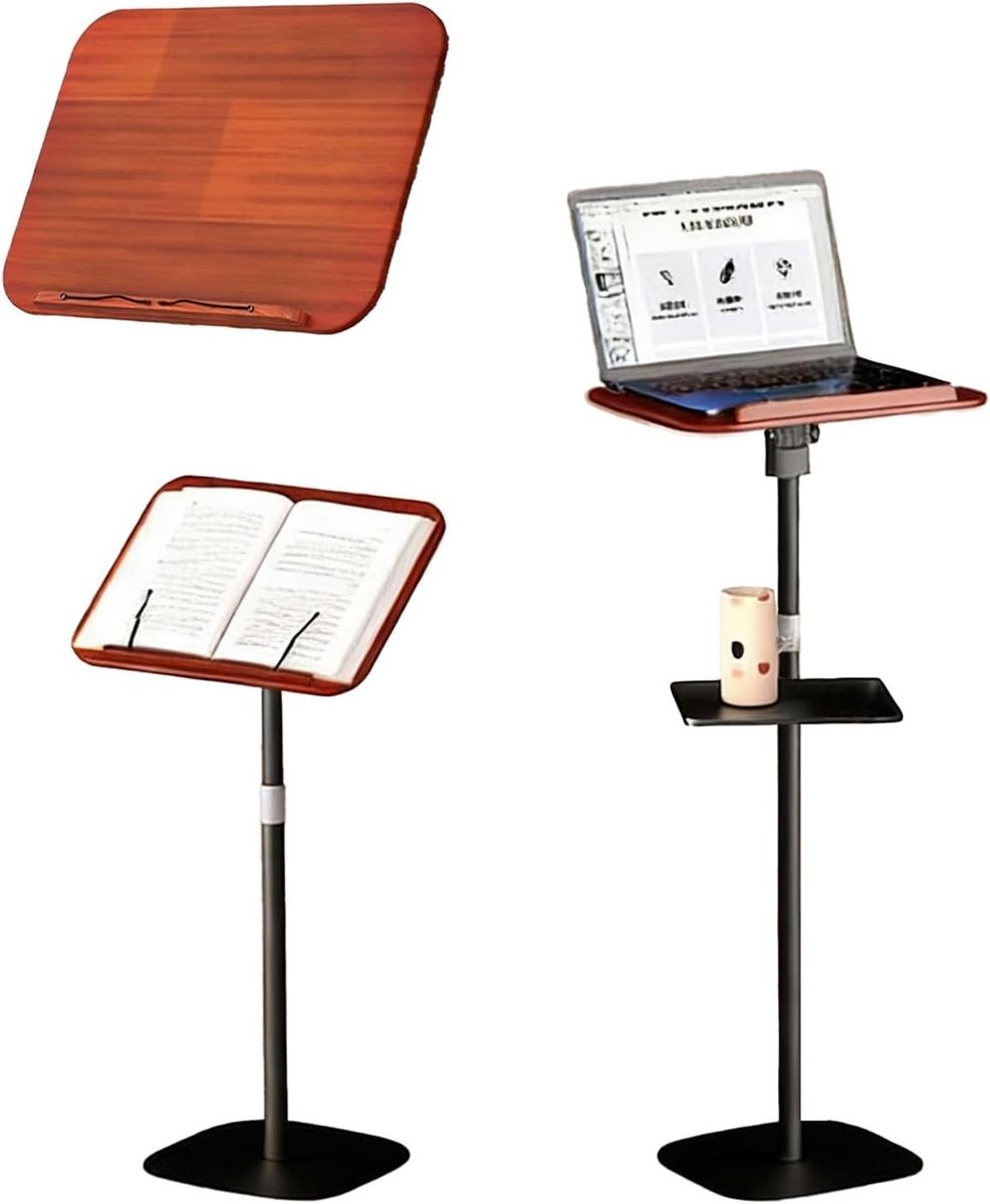Verstelbare Vloerboekstandaard van 69,5-103,5 cm, Handsfree Vouwbare Houten Boekhouder met 180° Kantelbare Plank en Afneembare Bladmuzieklade voor Gemakkelijk Lezen en Studeren