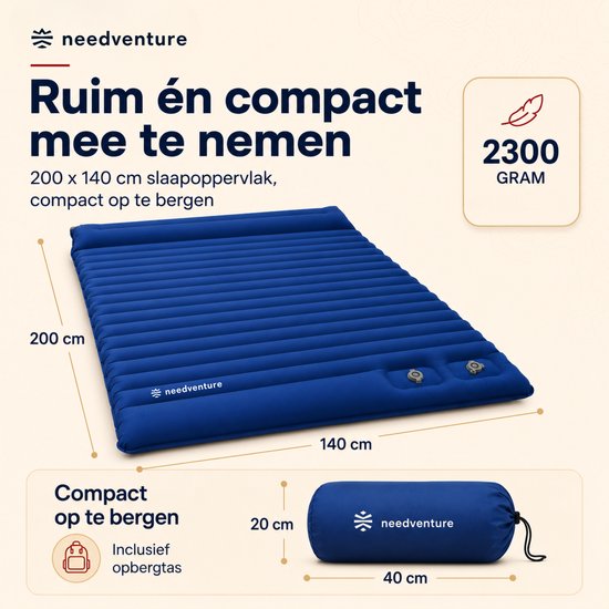 needventure® Slaapmat Zelfopblazend door Voetpomp - Slaapmatje met Ingebouwde Pomp - Camping Matras - Camping Bedje - Opvouwbaar Logeer Matras - Luchtbed - Luchtmatras - 2 Persoons - Blauw - 10CM van NEEDVENTURE® — afbeelding 2