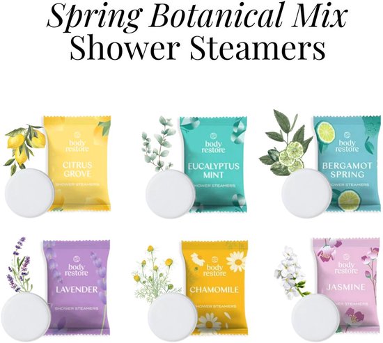 Zes individuele verpakkingen van Body Restore Shower Steamers: Citrus Grove, Eucalyptus Mint, Bergamot Spring, Lavendel, Kamille en Jasmijn.