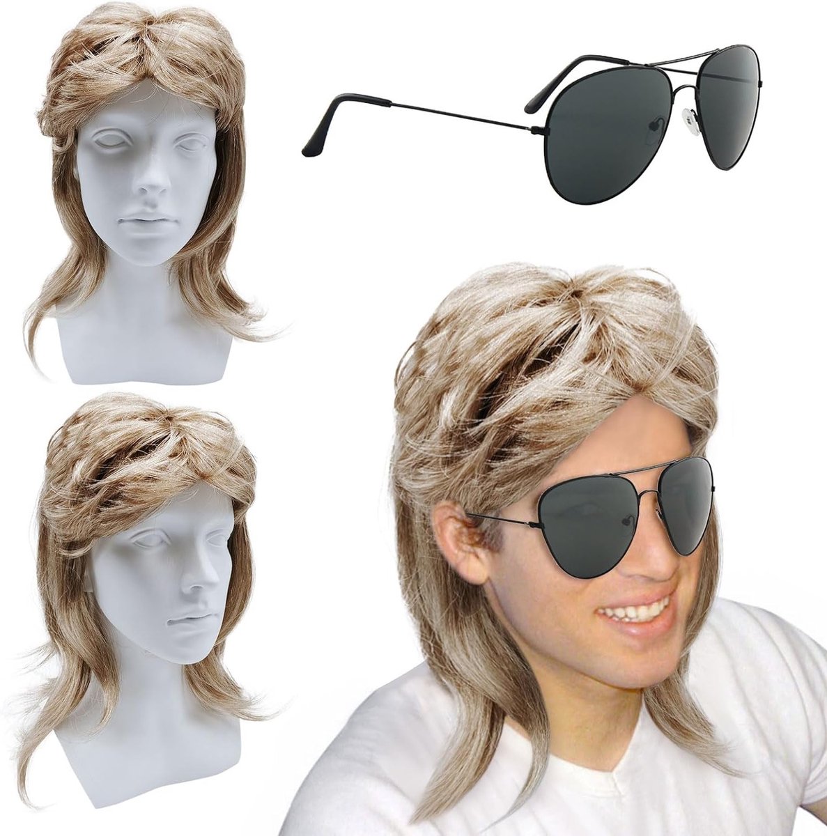 Blonde Vokuhila Peruk voor Mannen, Lange Synthetische 80s Cosplay Peruk voor Halloween en Feestjes, Retro 70s 80s Kostuum Accessoire (Set van 2)