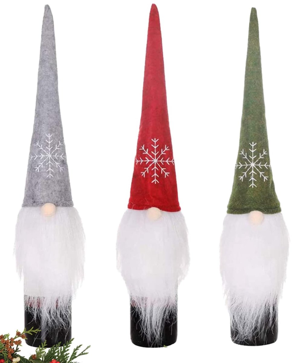 Dailygoody - Kerst wijnfles afdekking - Gezichtsloze kerstman - Flanel materiaal - Flessentas wijn - Perfect voor kerstversiering - 3 stuks