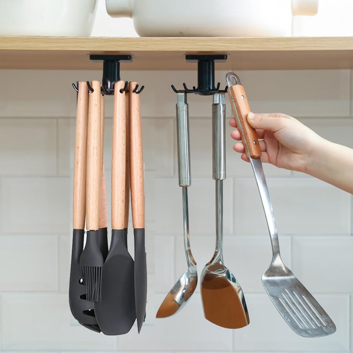 Set van 2 360°‑draaibare keukengereihouders zonder boren – opbergrek met 6 haken voor keuken, badkamer en garderobe, zwart