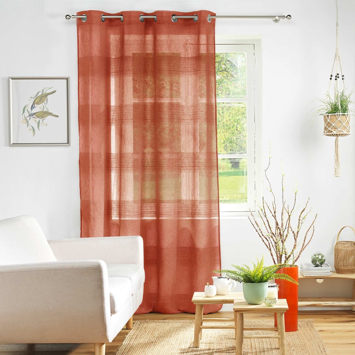 Gestreepte chenille voile met linneneffect